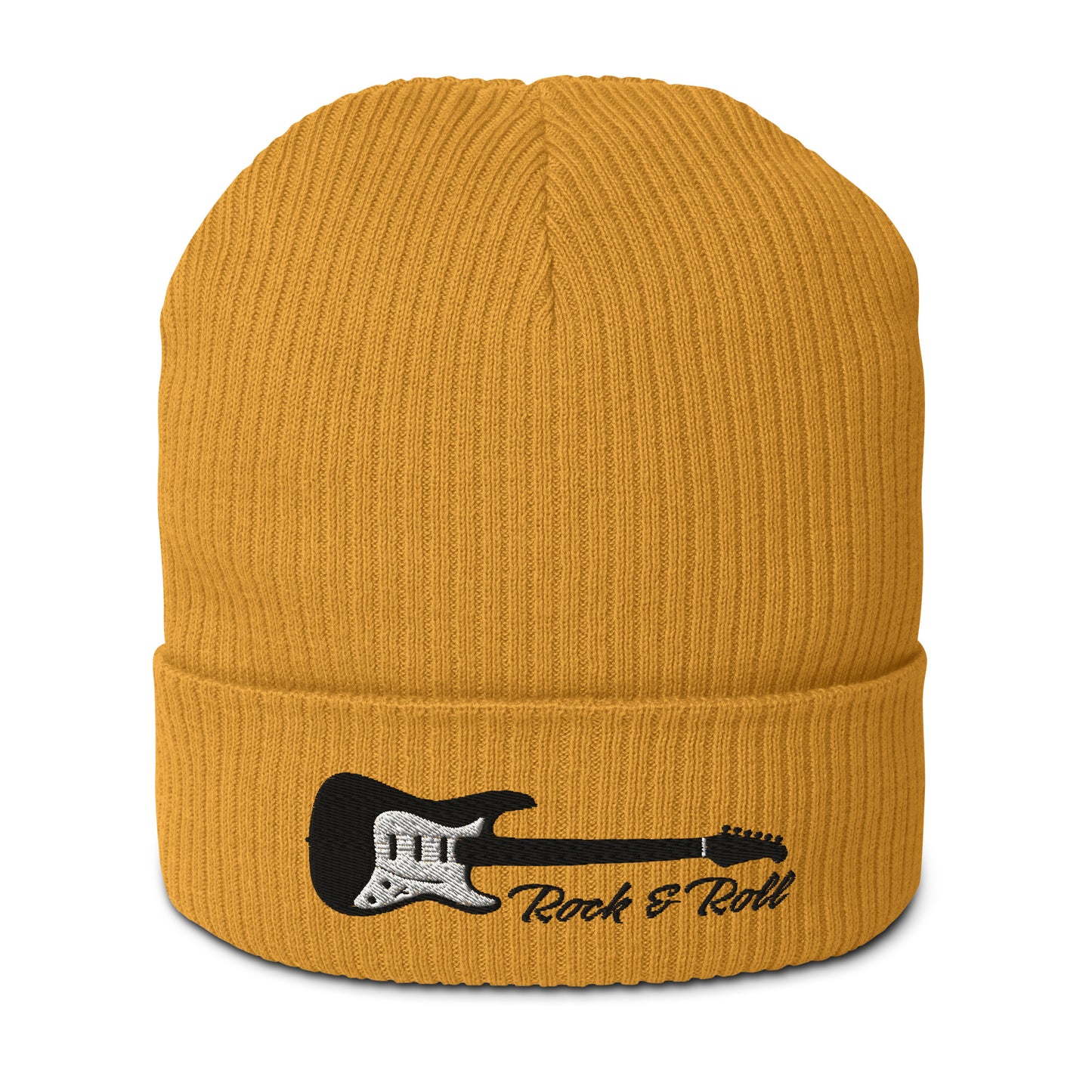 Yellow beanie with a guitar design and 'Rock & Roll' text on a white background