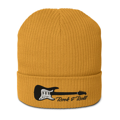 Yellow beanie with a guitar design and 'Rock & Roll' text on a white background