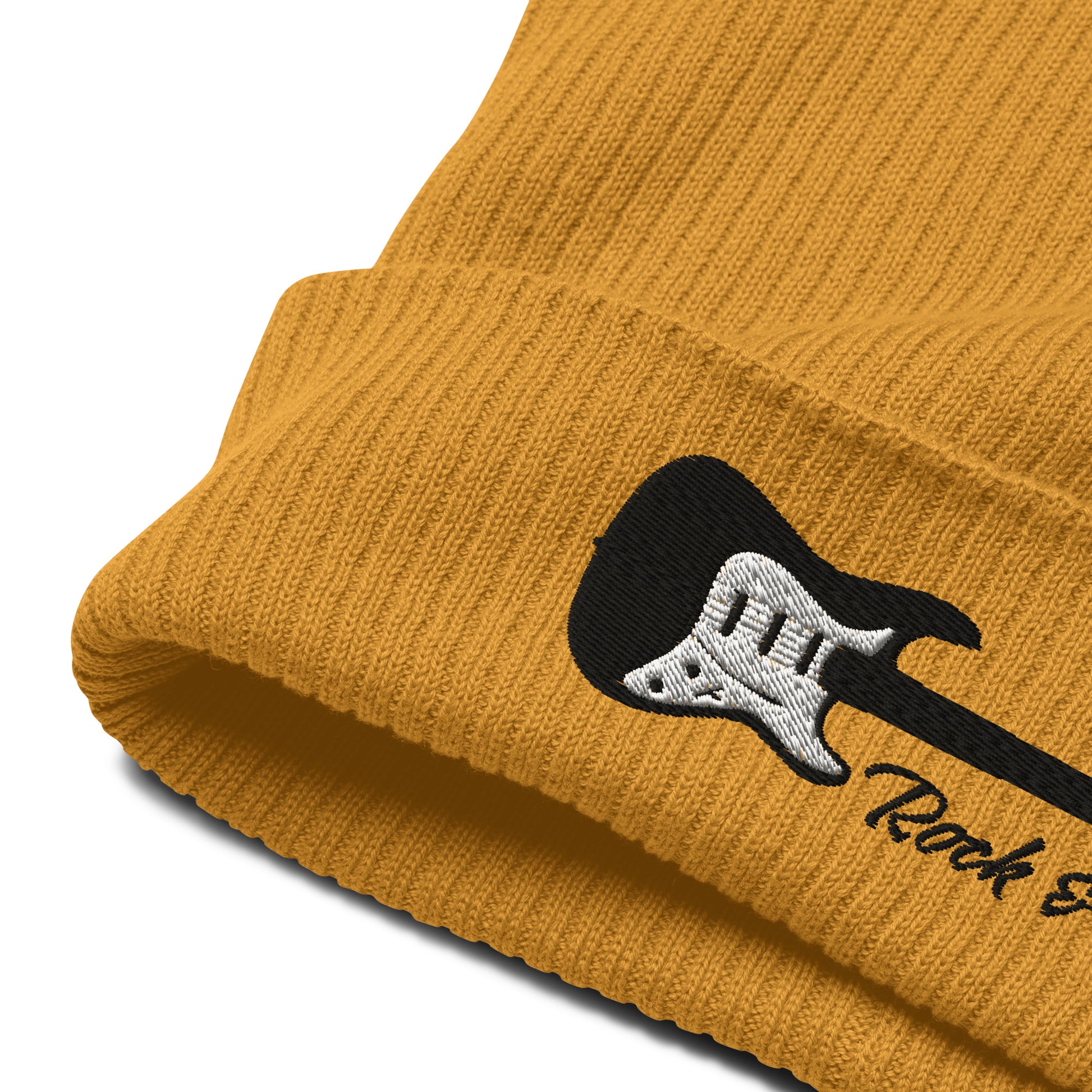 Yellow beanie with a guitar design and 'Rock & Roll' text on a white background