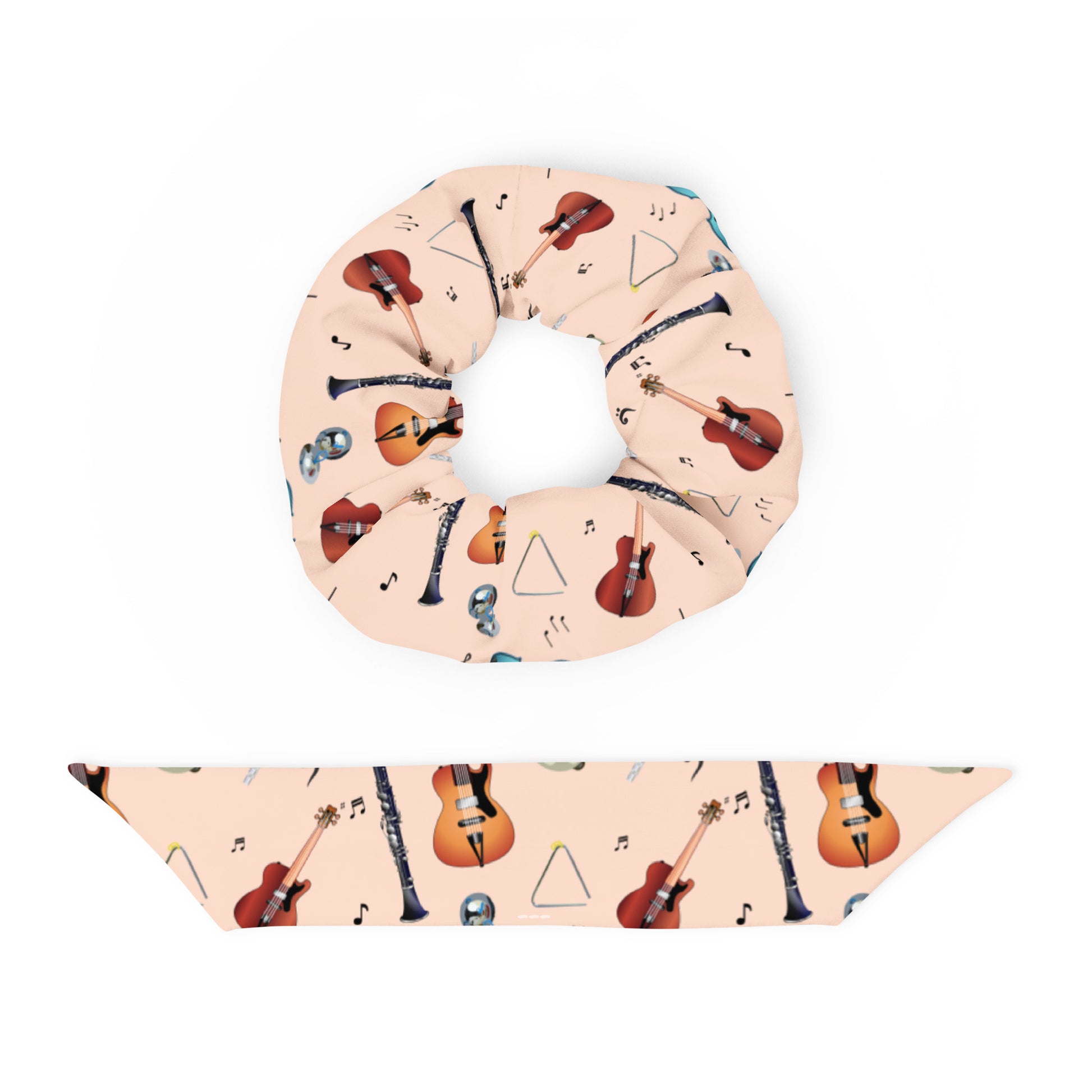 Round neck pillow with guitar and music note pattern on a white background