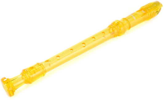 Yellow plastic recorder on a white background